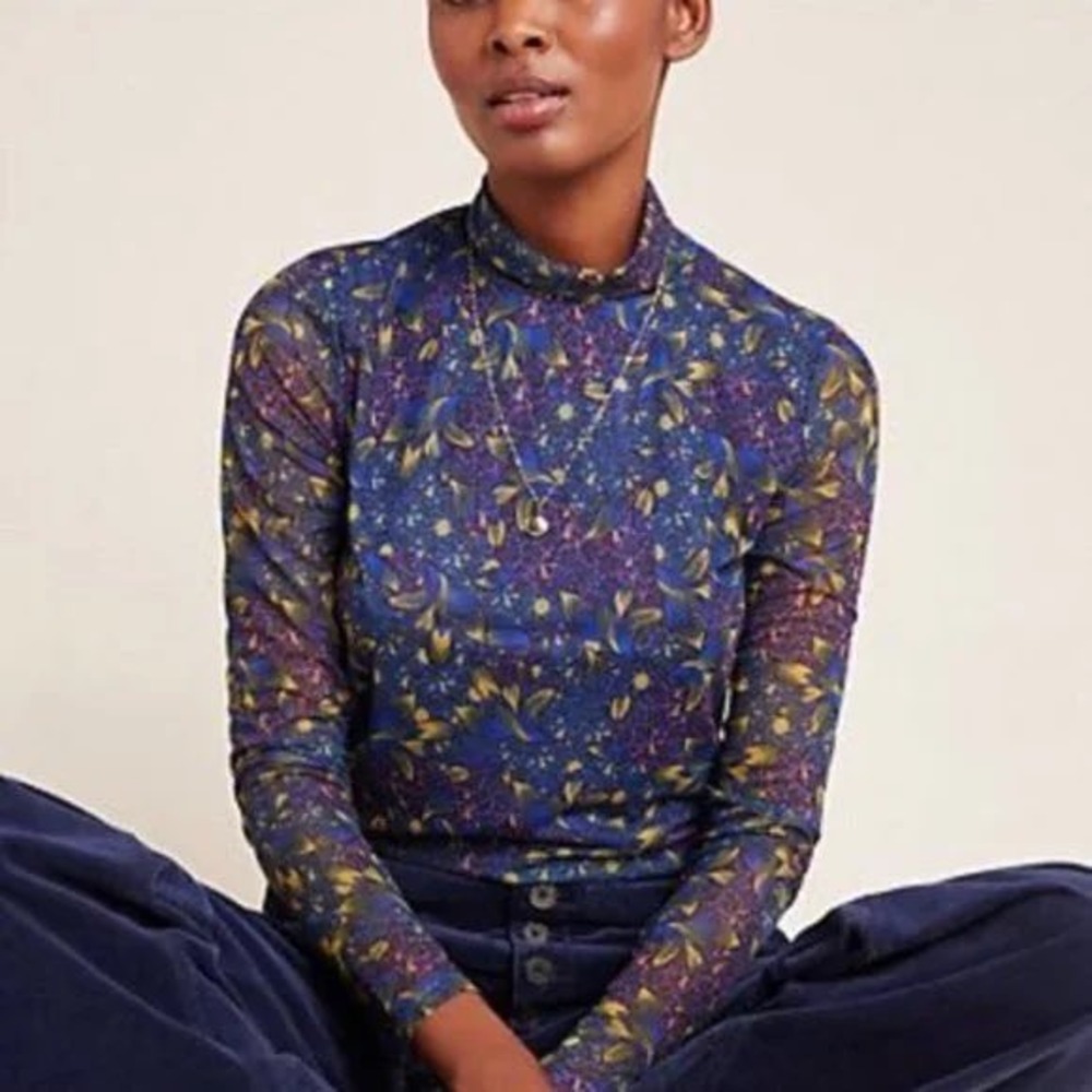 Anthropologie Blue Floral Mesh Turtleneck‎ Top XS Sheer Long Sleeve Cottagecore